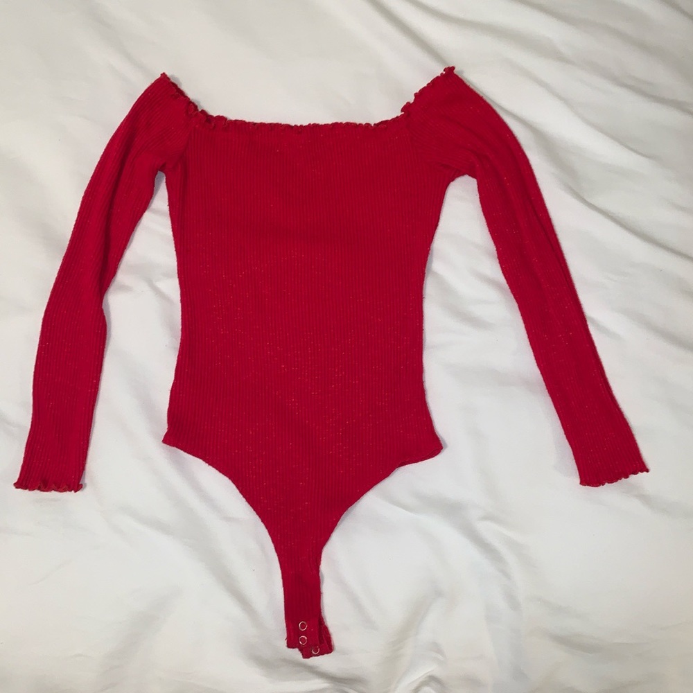 Red Long Sleeve Off the Shoulder Ribbed Bodysuit